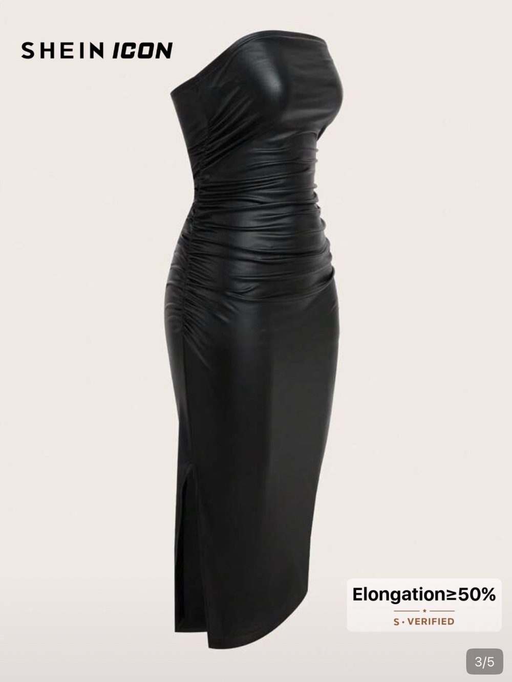 SHEIN Black Strapless Ruched Faux-Leather Midi Dress